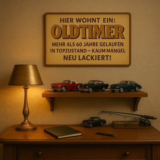 Hier wohnt ein Oldtimer Blechschild