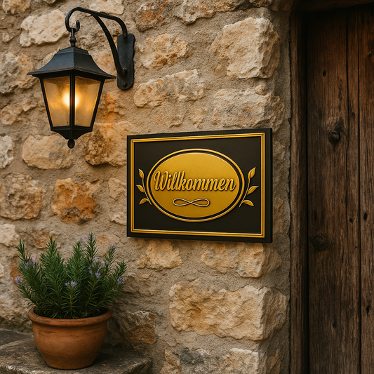 Willkommen Blechschild Hauseingang Gold