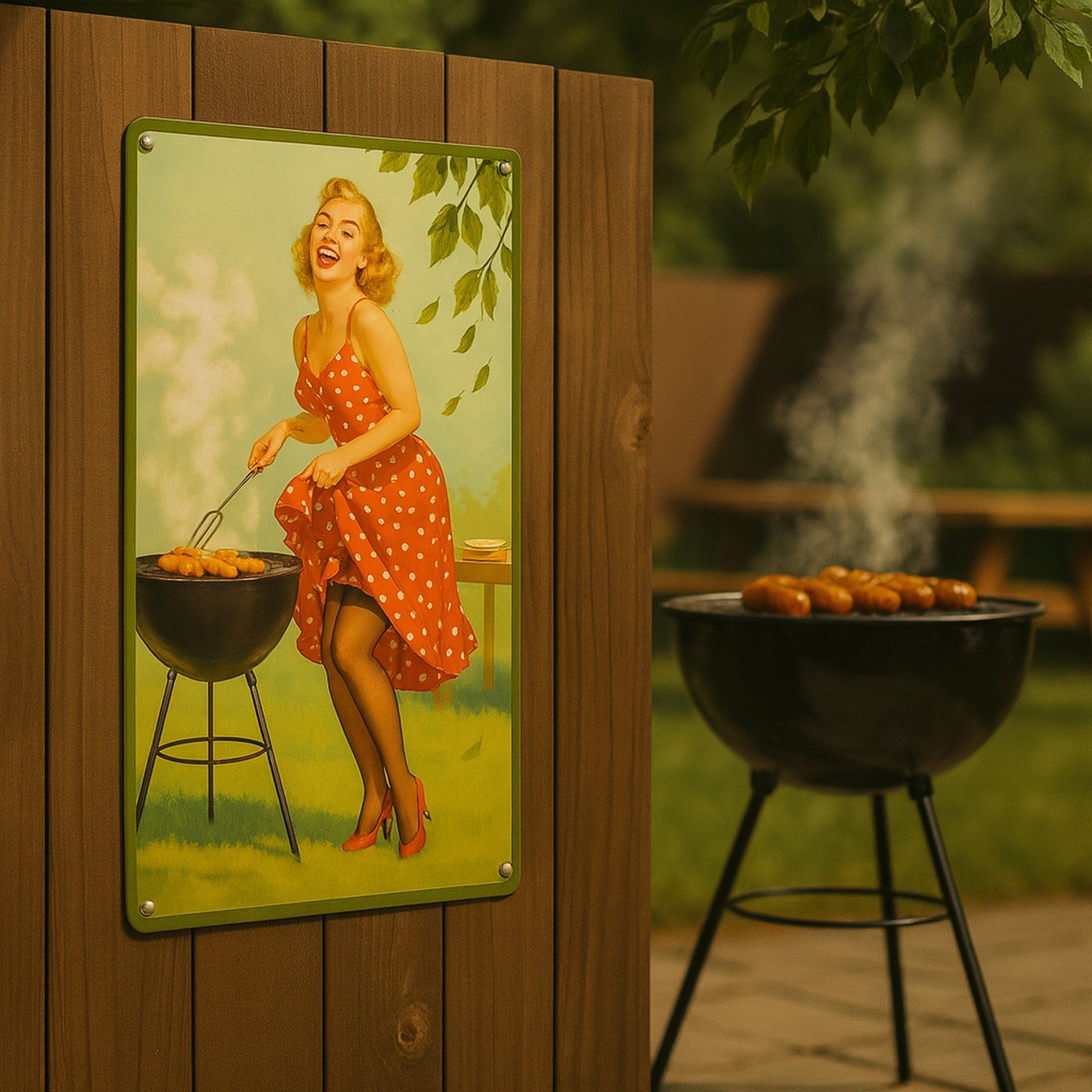 Retro Frau am Grill Blechschild