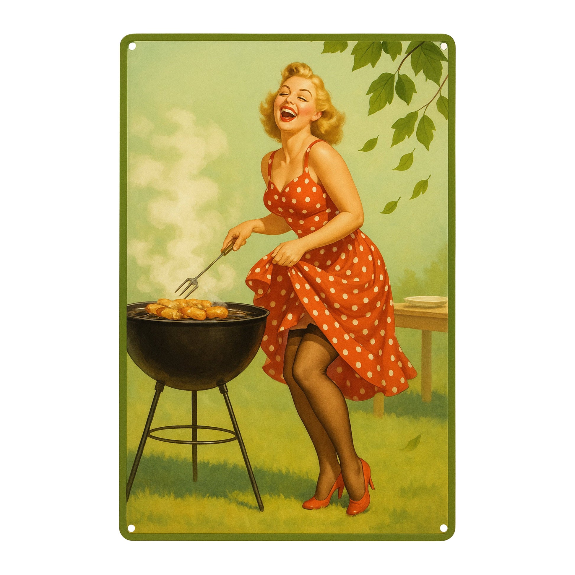 Retro Frau am Grill Blechschild