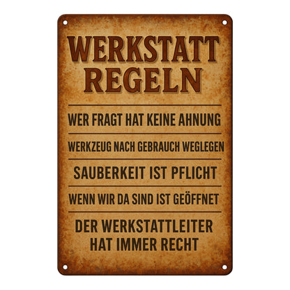 Werkstatt Regeln Blechschild