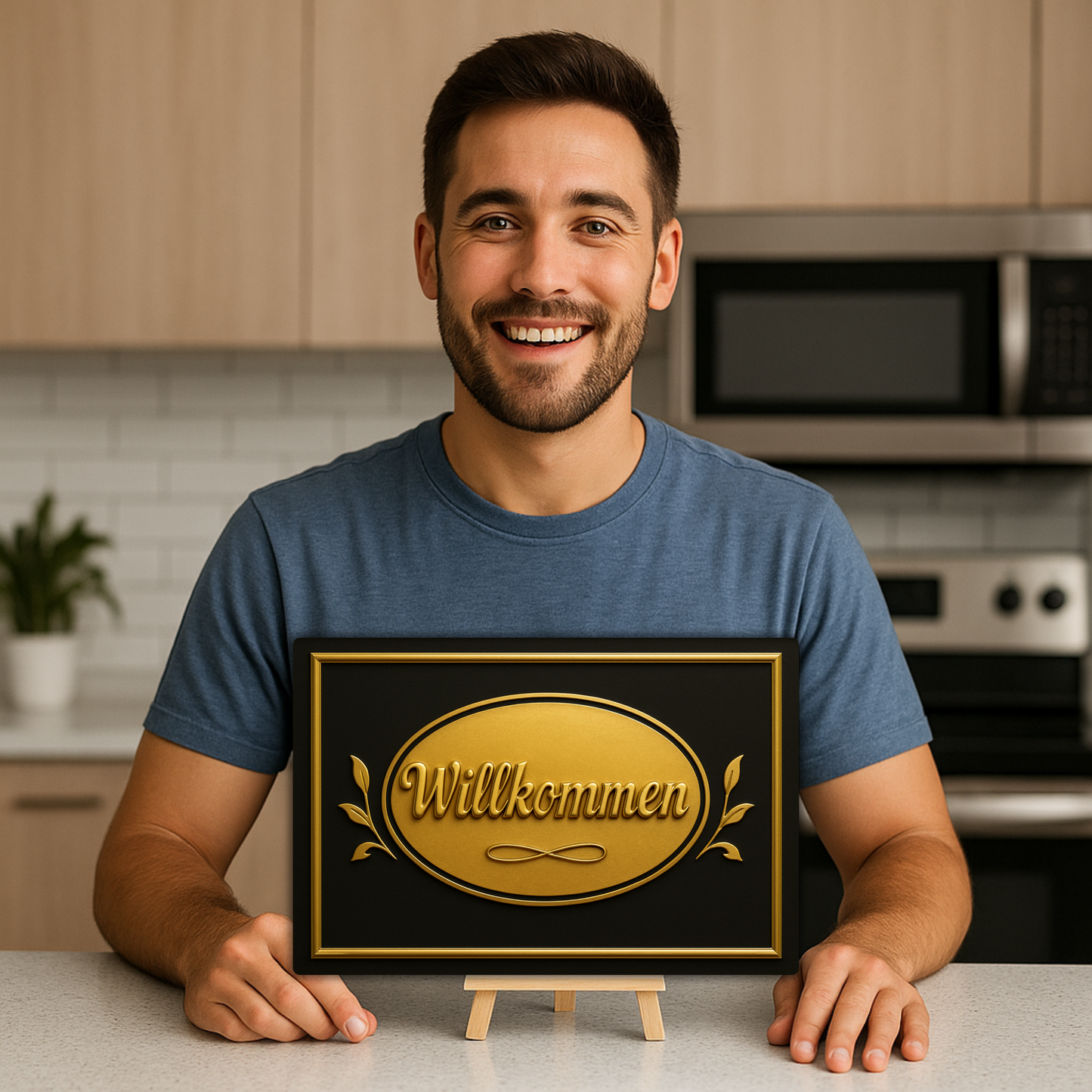 Willkommen Blechschild Hauseingang Gold