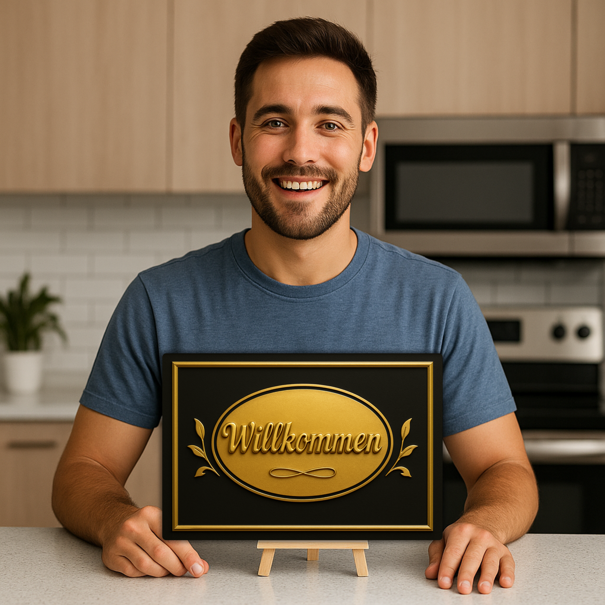 Willkommen Blechschild Hauseingang Gold